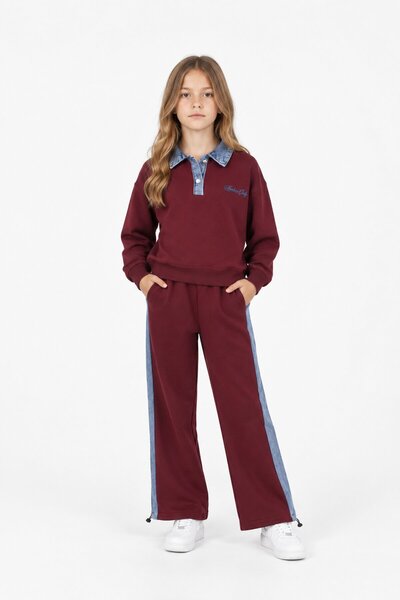 CansınMini Burgundy Girl's Jean Collar Detailed Elastic Waistband Trouser Set 24982