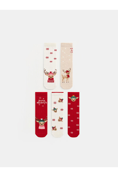 LC Waikiki Rmz Gi̇yi̇m Farkiyla 5-Pack New Year Themed Girls' Socks