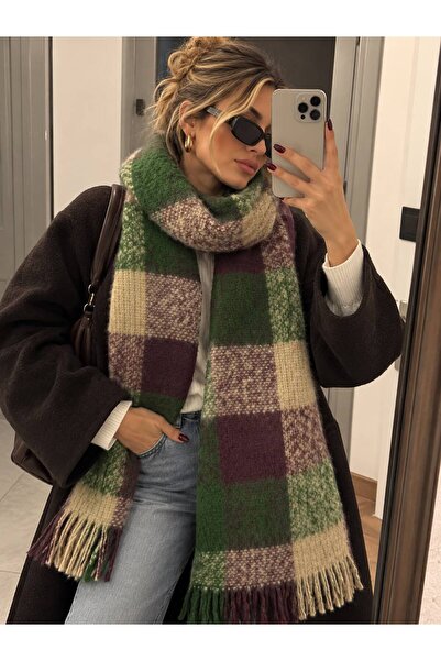 sf collection Renkli Puffy Yumuşak Dokulu Atkı Ekose Desenli Omuz Şalı