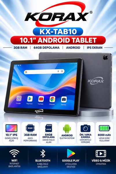 Korax KX-TAB10 10.1" 3gb Ram 64GB Android Tablet Koyu Gri / Siyah