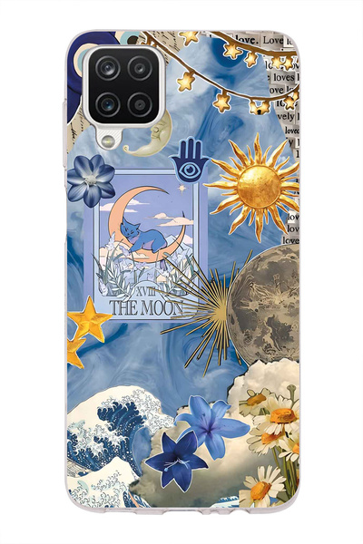 FLAMENKO Samsung Galaxy A12 / M12 Compatible Moon Sun Vintage Sky Pattern Tra...