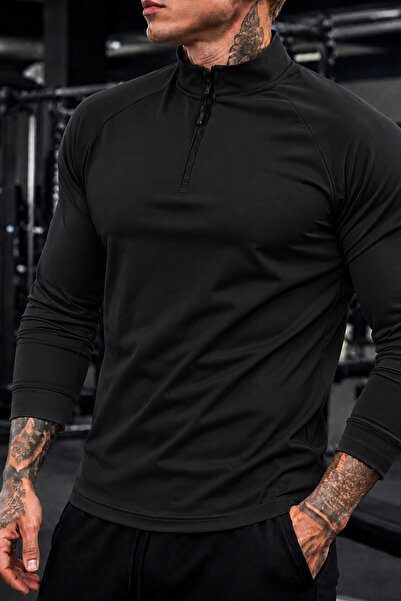GENIUS STORE Erkek Yarım Fermuarlı Compression Uzun Kol Spor Tişört ve Fitness Tişörtü