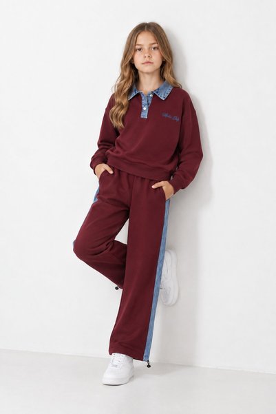CansınMini Burgundy Girl's Jean Collar Detailed Elastic Waistband Trouser Set 24982