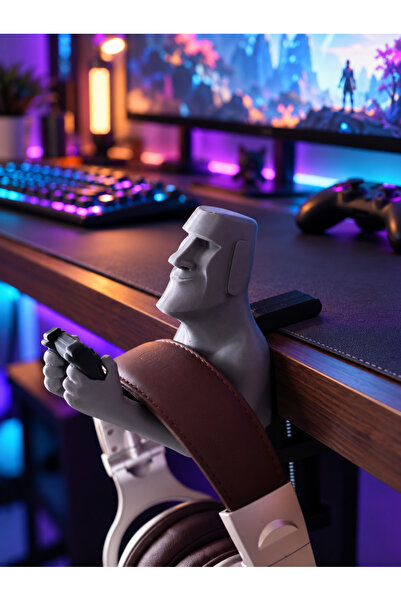 Gamepad Tutan Moai Figür Masa Kenarı Kulaklık Tutucu Gamer Setup Aksesuarı