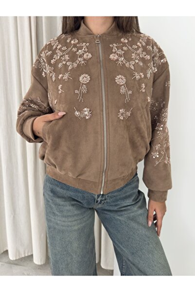 Pukka Women's Suede Stone Embroidered Floral Patterned Bomber Jacket