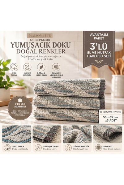 Maisonette %100 Pamuk 3'lü El ve Mutfak Havlusu Seti 50x85 cm | Çok Amaçlı Ku...