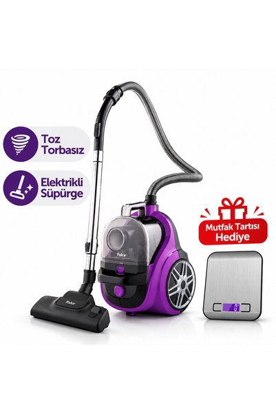 Fakir Lucid Cyclone Toz Torbasız Elektrikli Süpürge Mor – HEPA 11 mutfak tartısı Hediye(Onerous)