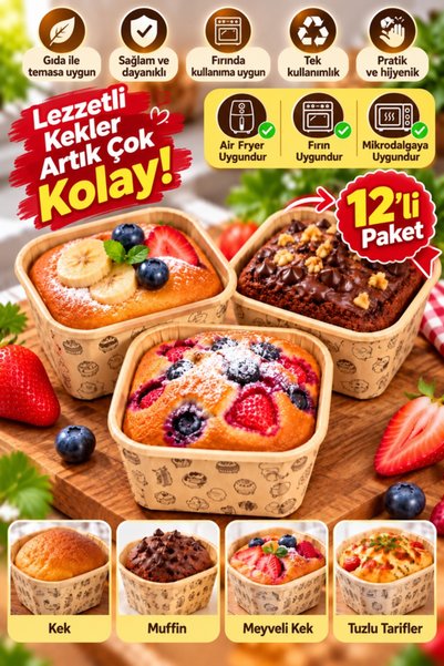 TemizlikMağazam 12'li Kare Küçük Boy Kraft Desenli Muffin Cupcake Kalıbı Kek ...