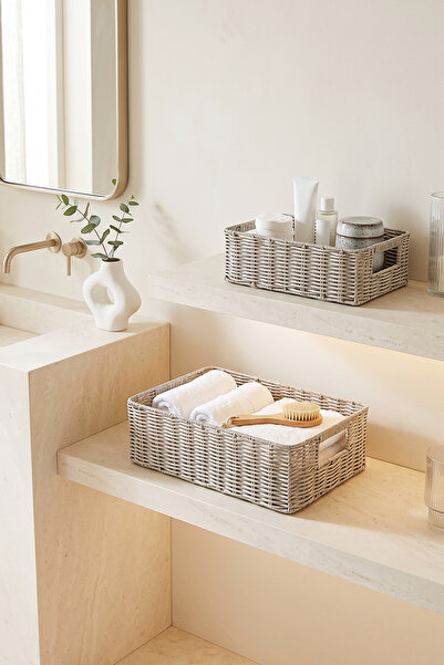 Ocean Home Textile 2'li Yıkanabilir Gri PP Rattan Dolap İçi Çamaşır Çocuk Odası Oyuncak Düzenleyici Saklama Sepeti Organizer 30x20x11 /36x26x12