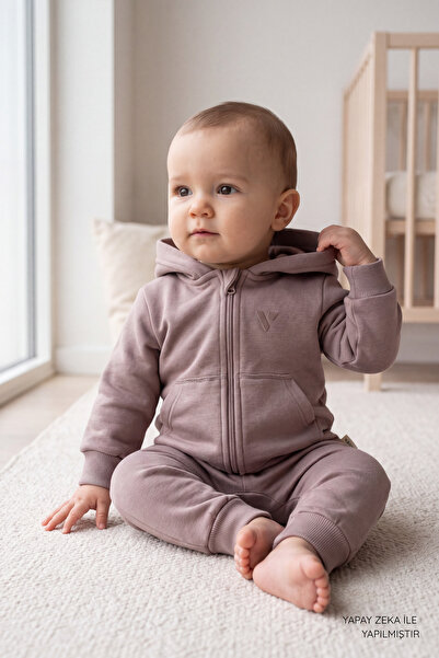 VAUVA Unisex Bebek 3 İplik Şardonlu Tulum - İçi Pamuklu Fermuarlı Kapüşonlu T...