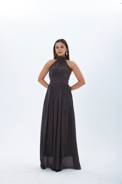 MY GRS Women's Halter Neck Pleated Long Evening Dress