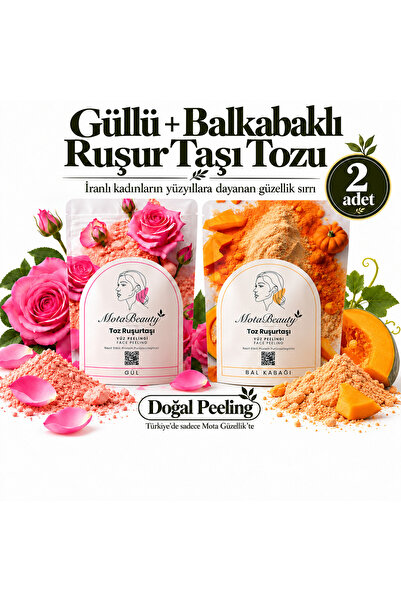 Toz Ruşur Taşı (İran Sefidab) Doğal Yüz Peelingi - 2'li paket (Gül, Balkabağı) - Cilt Tonu Eşitleme, Ölü Deri Arındırma, Siyah Nokta Karşıtı