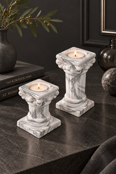 betonmall 2 Parça Antik Roma Sütun Beton Tealight Mumluk Seti El Yapımı Dekor...