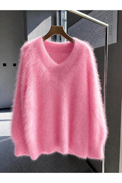 De Pose Women's Oversize Plush Soft Furry V-Neck Basic Knitwear Sweater