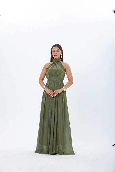 MY GRS Women's Halter Neck Pleated Long Evening Dress