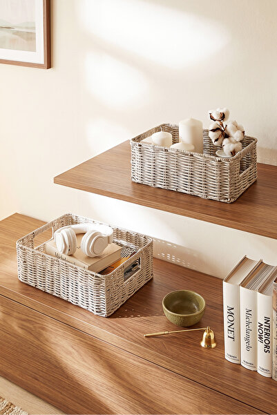 Ocean Home Textile 2'li Yıkanabilir Gri PP Rattan Dolap İçi Çamaşır Çocuk Odası Oyuncak Düzenleyici Saklama Sepeti Organizer 30x20x11 /36x26x12