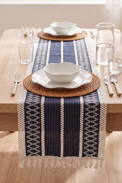 Rivaİstanbul Navy Blue Regina Cotton Tasseled Runner 35X145 cm