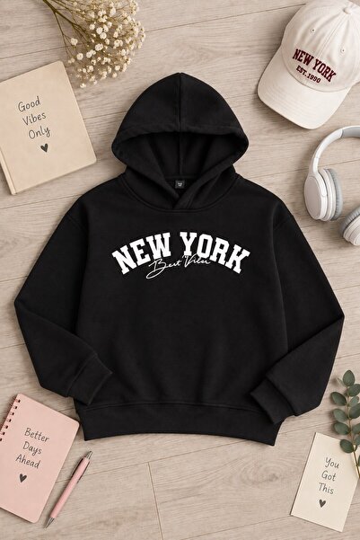CansınMini Hanorac cu glugă cu 3 fire, cu imprimeu New York, pentru fete, neg...