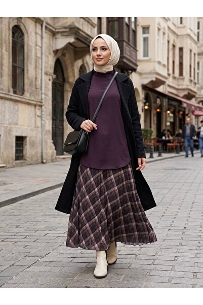MODA ESLEM TESETTÜR GİYİM KARELİ KAHVERENGİ TESETTÜR ETEK