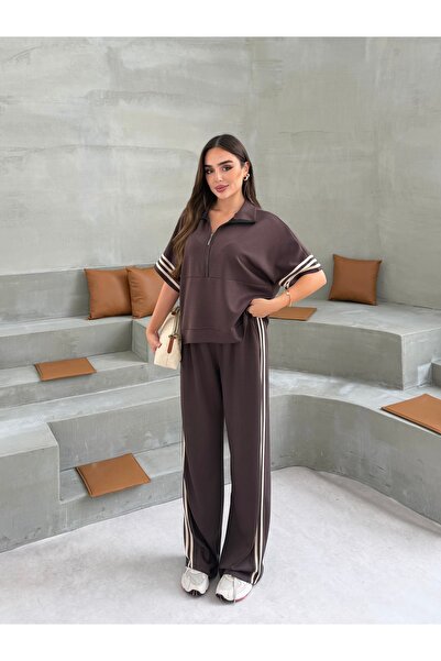 Tubik Women's Collar Zipper Stripe Detailed Pocketed Top and Bottom Modal Set