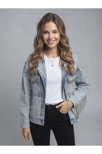 Generic Brand Handmade Oversized Denim Jacket with Chain and Embroidery Detai...