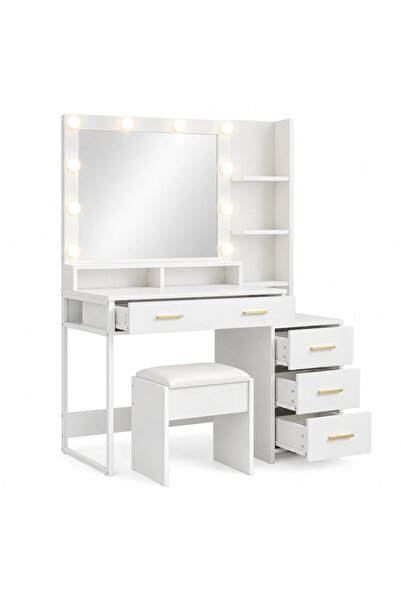 Mobatelier Set FREYA – Masă de Toaletă pentru Machiaj, Oglindă 10 becuri LED,...
