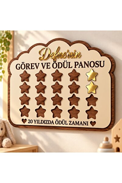 Kişiye Özel Ahşap Çocuk Görev ve Ödül Panosu - Yıldızlı Sorumluluk Tablosu