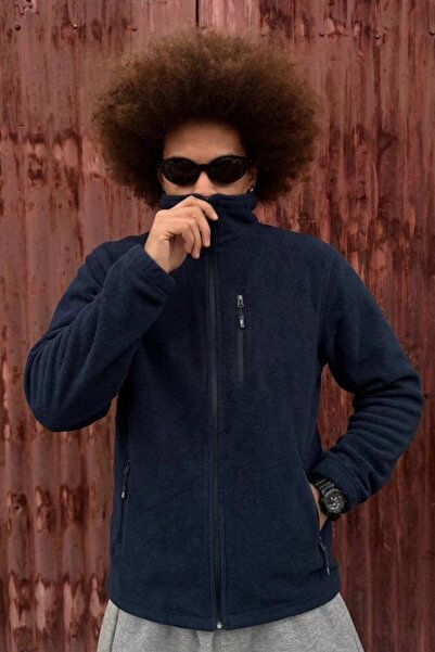 DAMGA JEANS Men's Trend Regular Fit Full Zipper Navy Blue Fleece