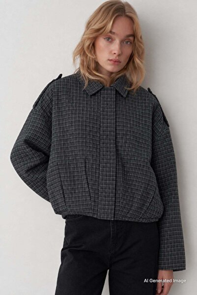 Madmext Anthracite Plaid Patterned Oversize Women's Bomber Jacket Mg2920