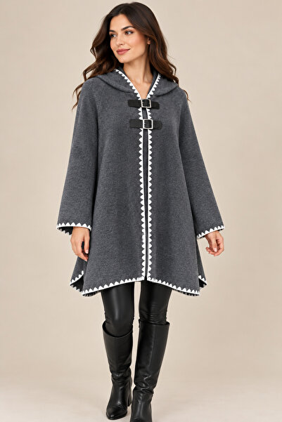 CNR TEKSTİL Cnr Knitwear Women's Hooded Buckle Detailed Long Knit Poncho with...
