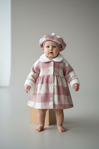 BİANCOFİGLİO Baby Winter Dress with Hat, Plaid Pattern