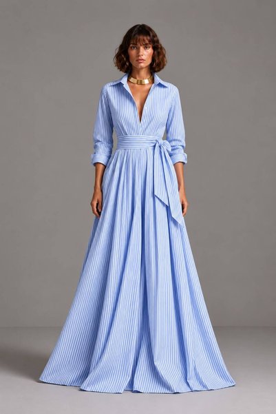 ROLLINDA STUDIO Beyaz&Mavi İnce Çizgili İnce Poplin Maxi Gömlek Elbise
