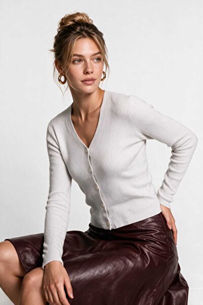 Lovelyİstanbul Shiny Seasonal Knitwear Cardigan 4381 Lki̇0075 Ecru