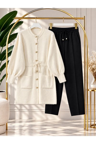 modasindoma Women's Hijab Waist Gathered Buttoned Knitwear Cardigan Pants Set...