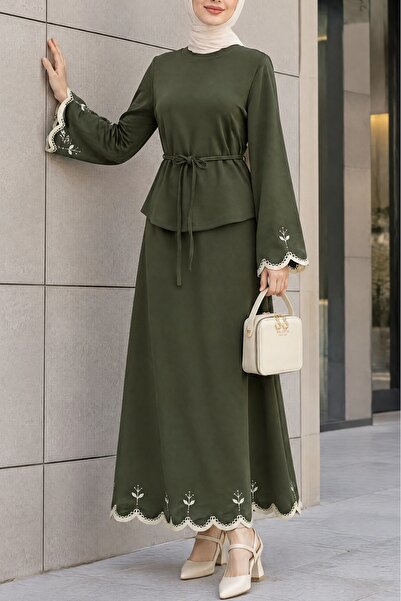 HİJABAYA Embroidery Detailed Belted Skirt with Flounce Sleeves Maxi Hijab Com...