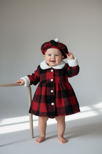 BİANCOFİGLİO Baby Winter Dress with Hat, Plaid Pattern