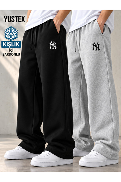 yx yustex sport 2 Adet Şardonlu Erkek Kışlık NY BASKILI Eşofman Altı (Siyah v...