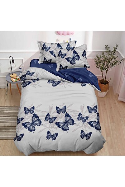 Pucioasa Home Lenjerie de pat 1 persoana Fluturi Navy 4 piese, cu cearceaf cu...