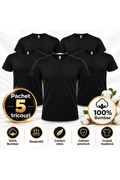 Generic Brand Σετ 5 Μαύρα Μπλουζάκια Unisex, 100% ΒΑΜΒΑΚΙ, Κανονική Γραμμή, Α...