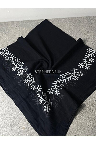 Sobe Hediyelik Black Elegant Floral Patterned Cheesecloth Writing Cloth 100X100 – Dowry and Daily Use Cheesecloth Headscarf