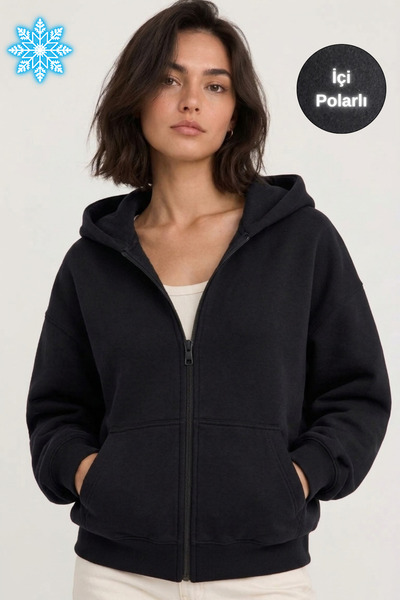 Nordmende Kadın 3 İplik İçi Polarlı Kapüşonlu Kanguru Cepli Fermuarlı Sweatshirt
