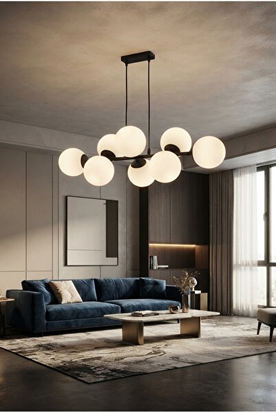avimonaydınlatma CROSS 8'Lİ SİYAH BEYAZ GLOP CAMLI MODERN SARKIT AVİZE OTURMA...