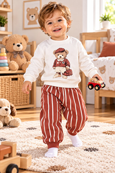 SERPİL SS GİYİM Erkek Çocuk Beyaz Sweatshirt Çizgili Eşofman Takımı – Ayıcık ...