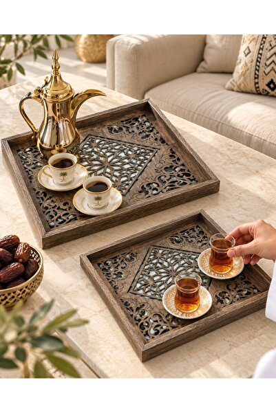 Generic طقم صواني تقديم من الخشب الداكن بمقاسين بزخارف ماندالا فاخرة – لمسة تراثية ملوكية لإكرام ضيوف