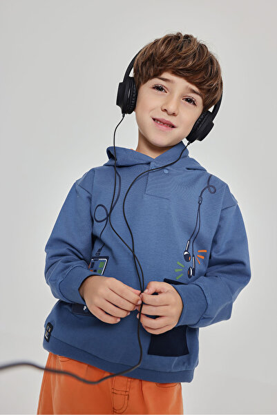 Boboli Telephone Printed Hooded Sweatshirt 2 Years-6 Years Blue