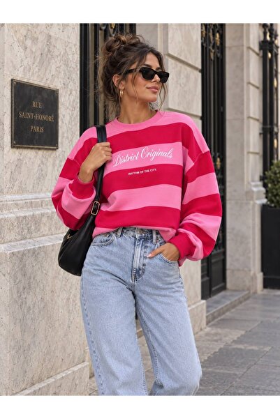Çizgili Yazı Baskılı Sweatshirt