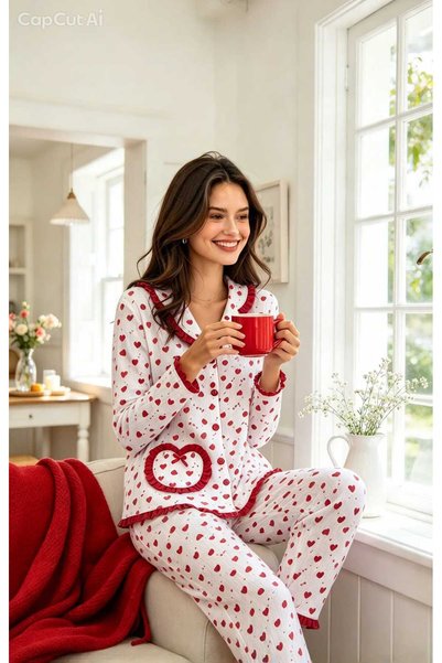 NiCe İç Giyim Heart Patterned Special Design Buttoned Women's Pajama Set - Soft Textured Comfortable Home Wear