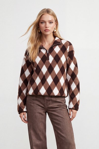 VAGGON Yarım Fermuarlı Baklava Desenli Sweatshirt