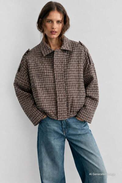 Madmext Vizon Ekose Desenli Oversize Kadın Bomber Ceket MG2920