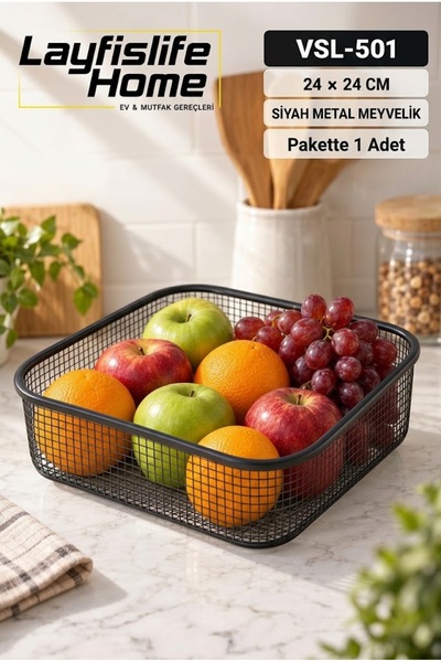 layfislife Siyah Metal Meyvelik Sepet 24x24 cm Dekoratif Mutfak ve Masa Üstü ...
